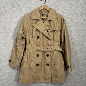 L.L.Bean Trench Coat Womens Small Tan Nylon Belted Double Breasted Quilted Liner